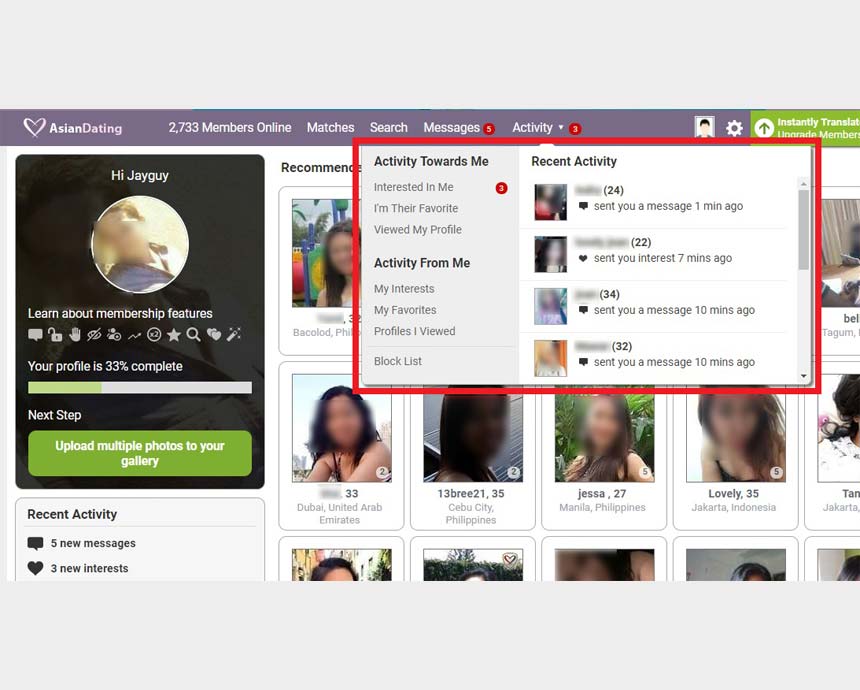 Asiandating.com’s Activity page