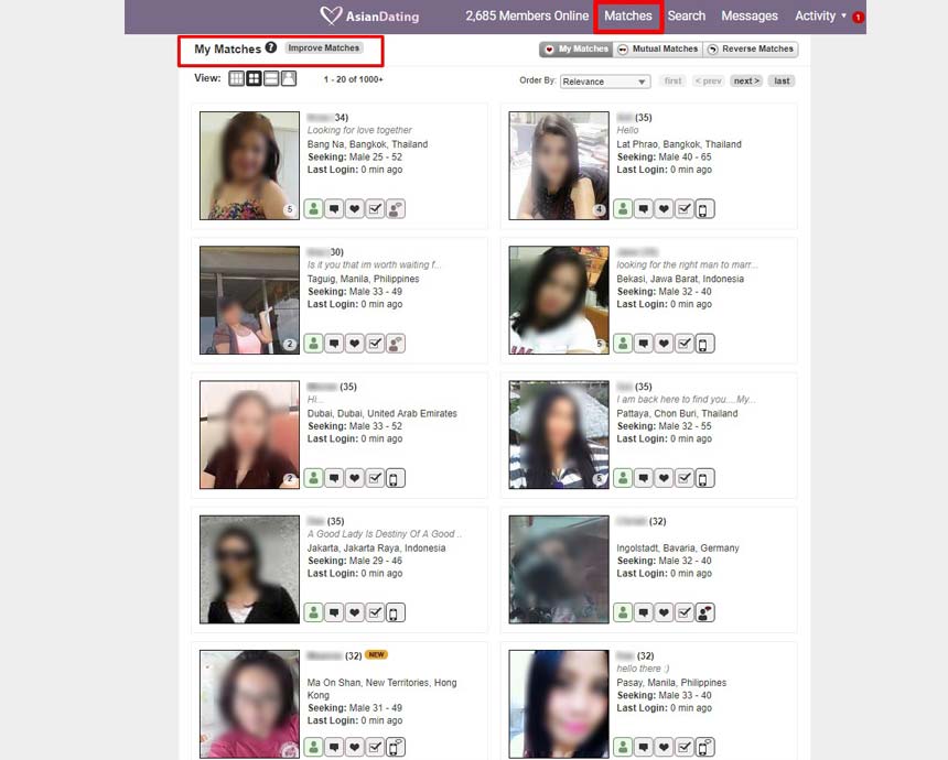 Asiandating.com’s “Matches” feature
