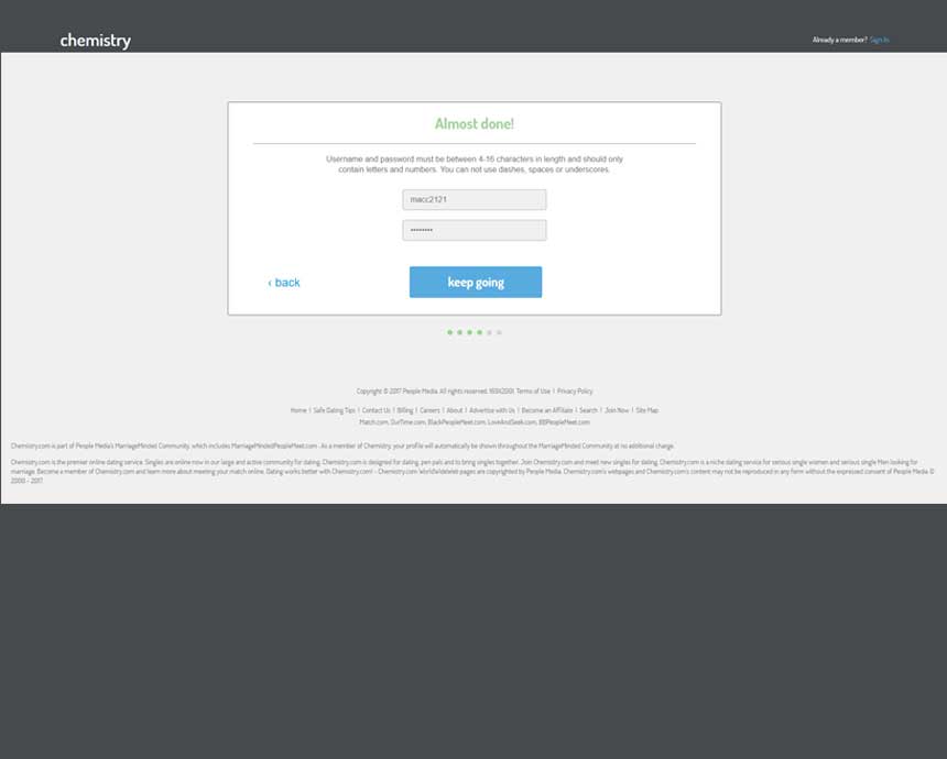 Chemistry.com signup process.