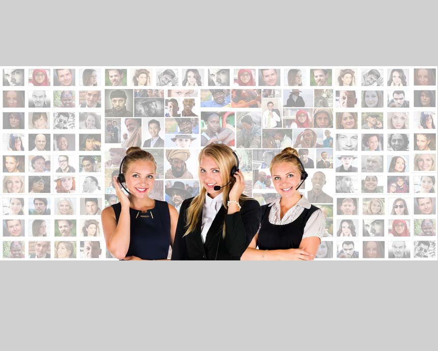 three girls in headphones smiling in front of a montage of people’s portraits