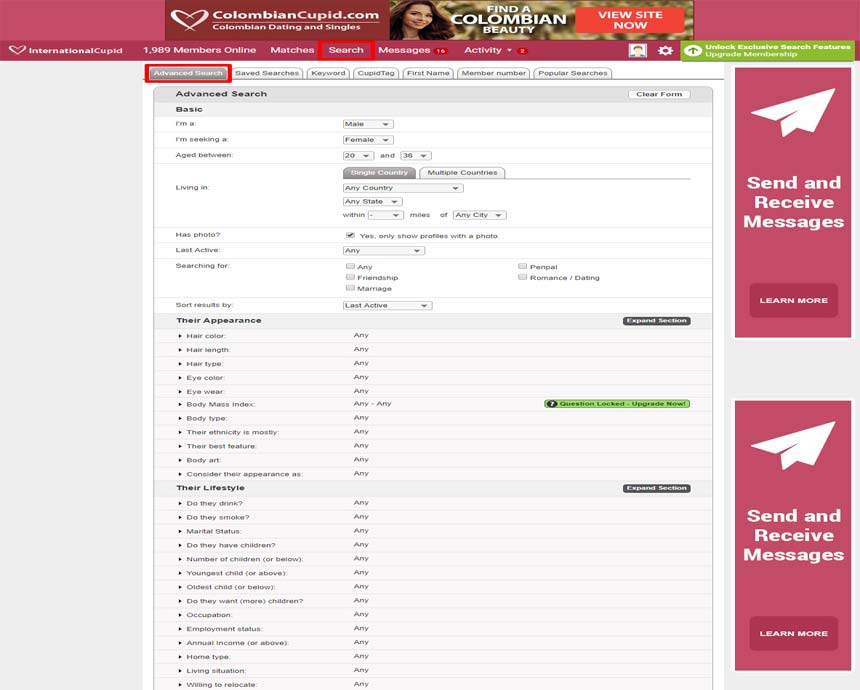 InternationalCupid.com’s advanced search tab