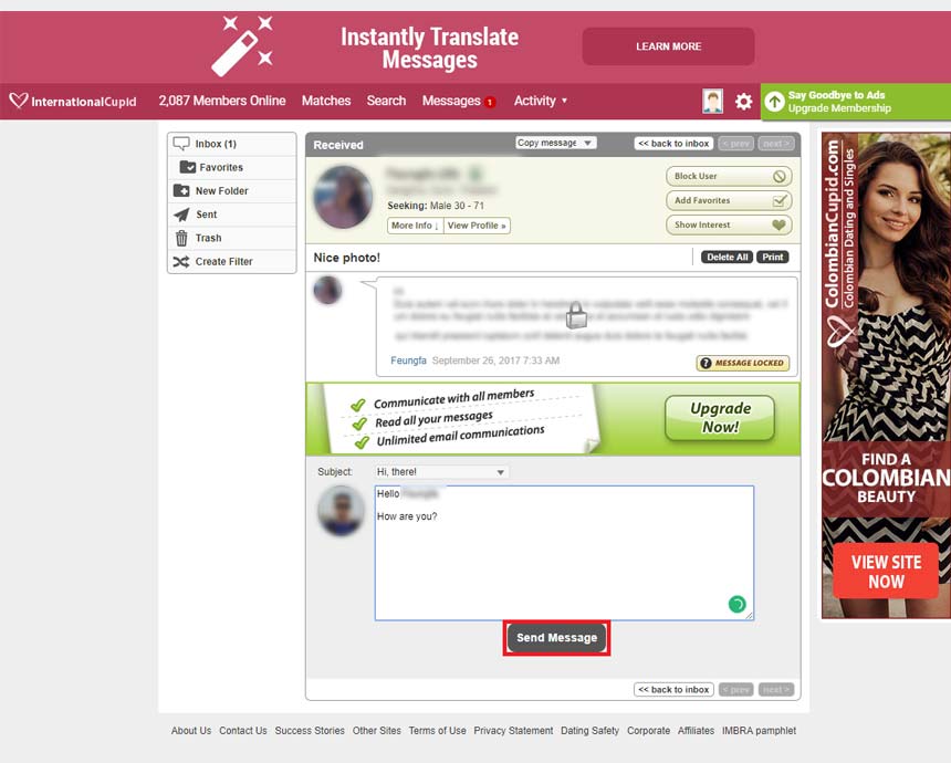 InternationalCupid.com’s message box