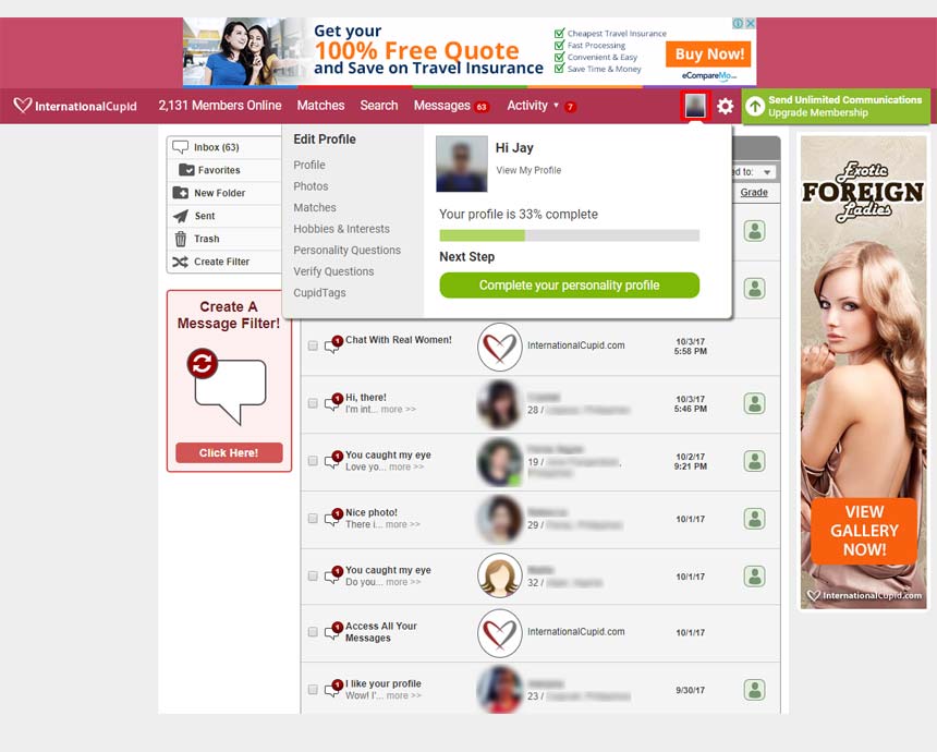 InternationalCupid.com’s profile drop down window