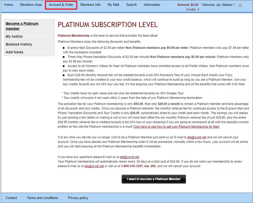 Loveme.com’s platinum subscription level details