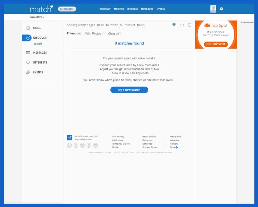 Match.com process for signing up.