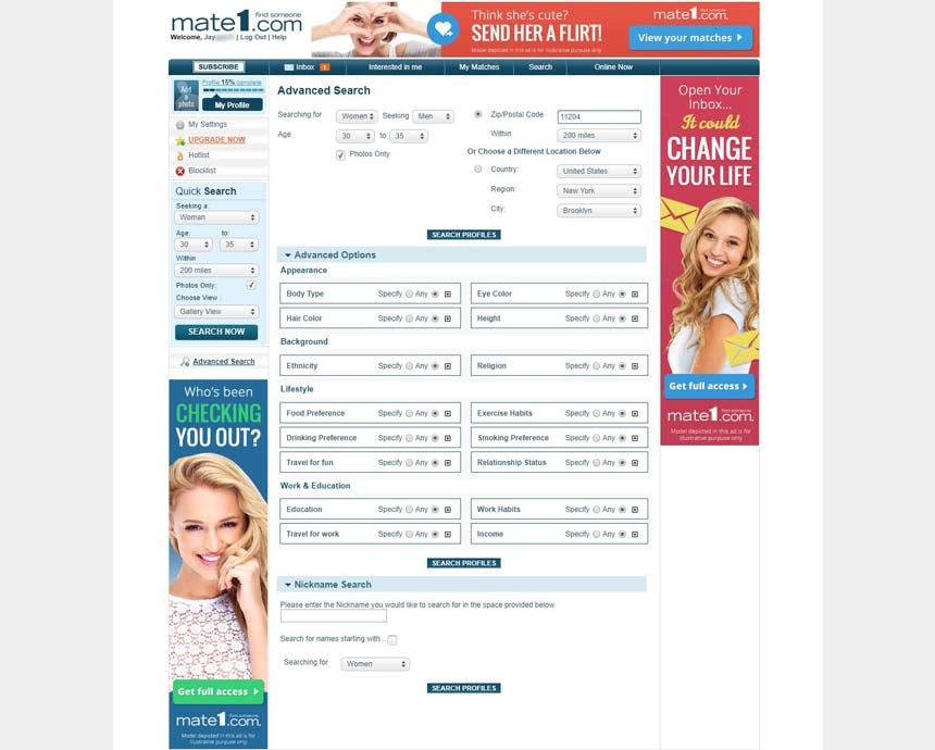 Mate1.com’s advanced search
