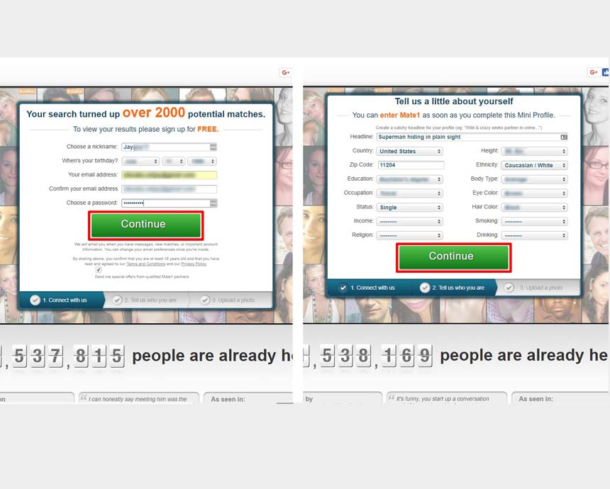 Mate1.com’s free registration forms