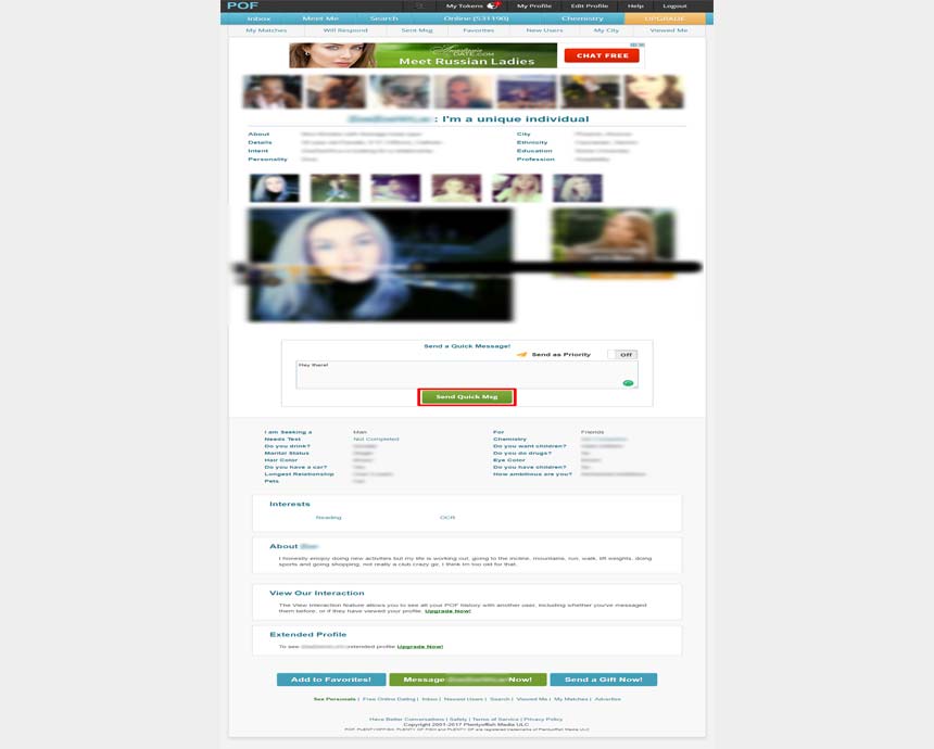 PlentyofFish.com’s send quick message feature