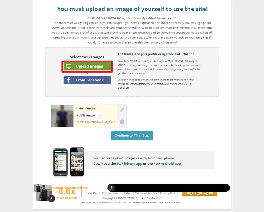 PlentyofFish.com’s photo upload feature